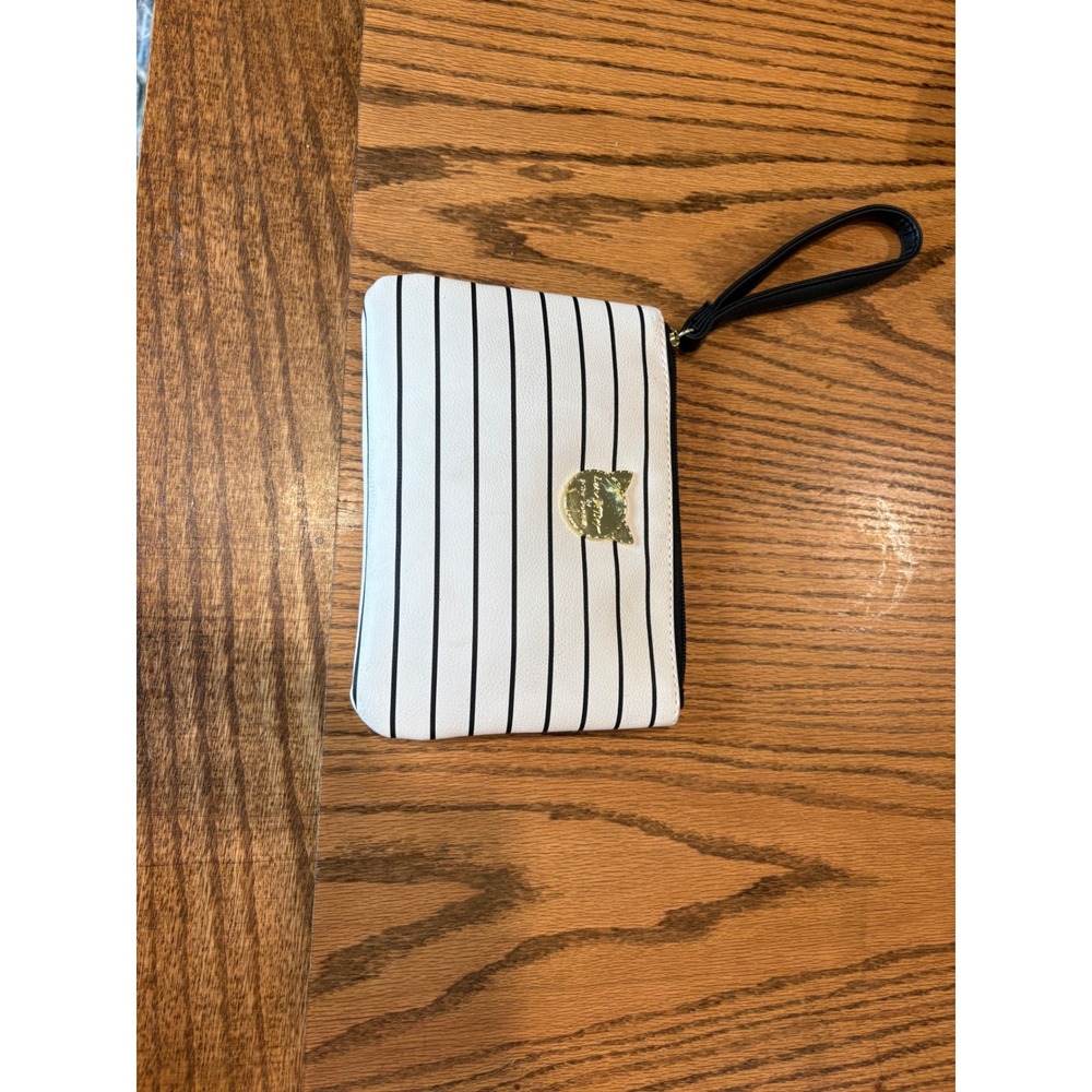 Luv Betsey by Betsey Johnson Striped Cat Wristlet Pouch Black White Gold